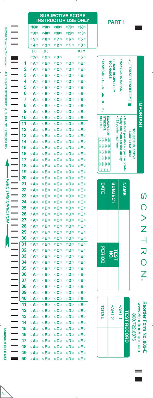 882-E Answer Sheet, 100Q, 5 Chc Alpha