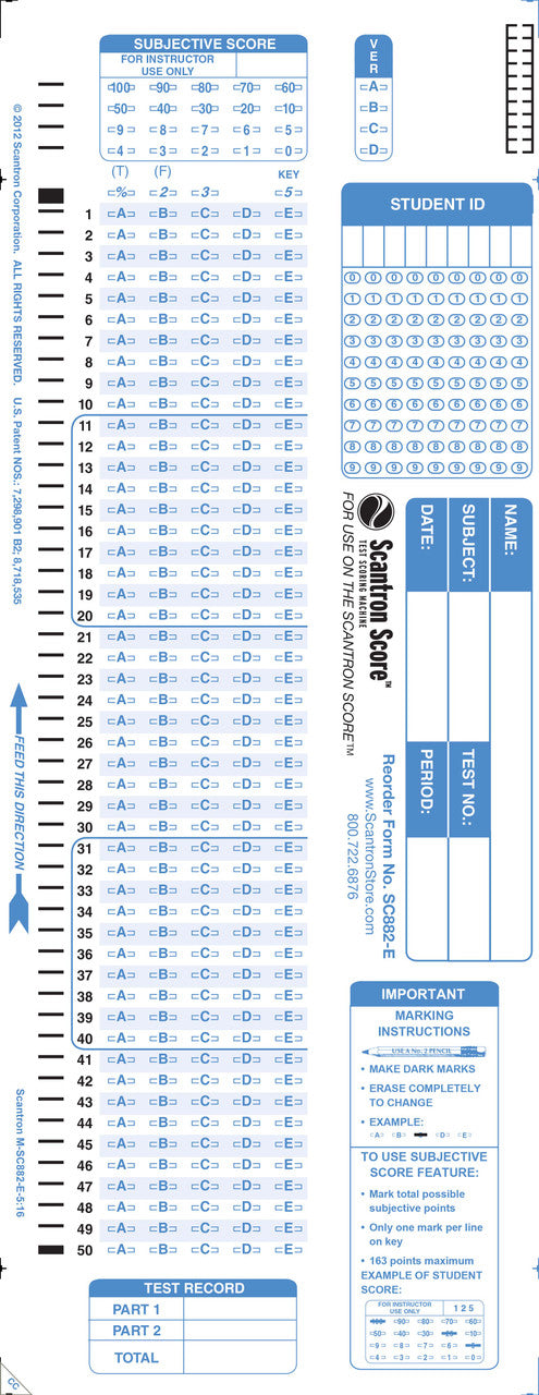 SC882-E Scantron Score, 100Q, ID